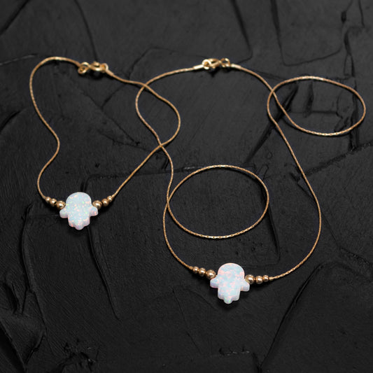 Elegant Opal Hamsa Necklace and Bracelet Set - Customizable in Silver or Gold-Filled - TitaniumFashion