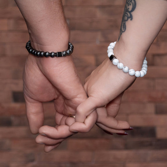 Couple's Bracelet Set: Howlite, Hematite, and Black Onyx - TitaniumFashion