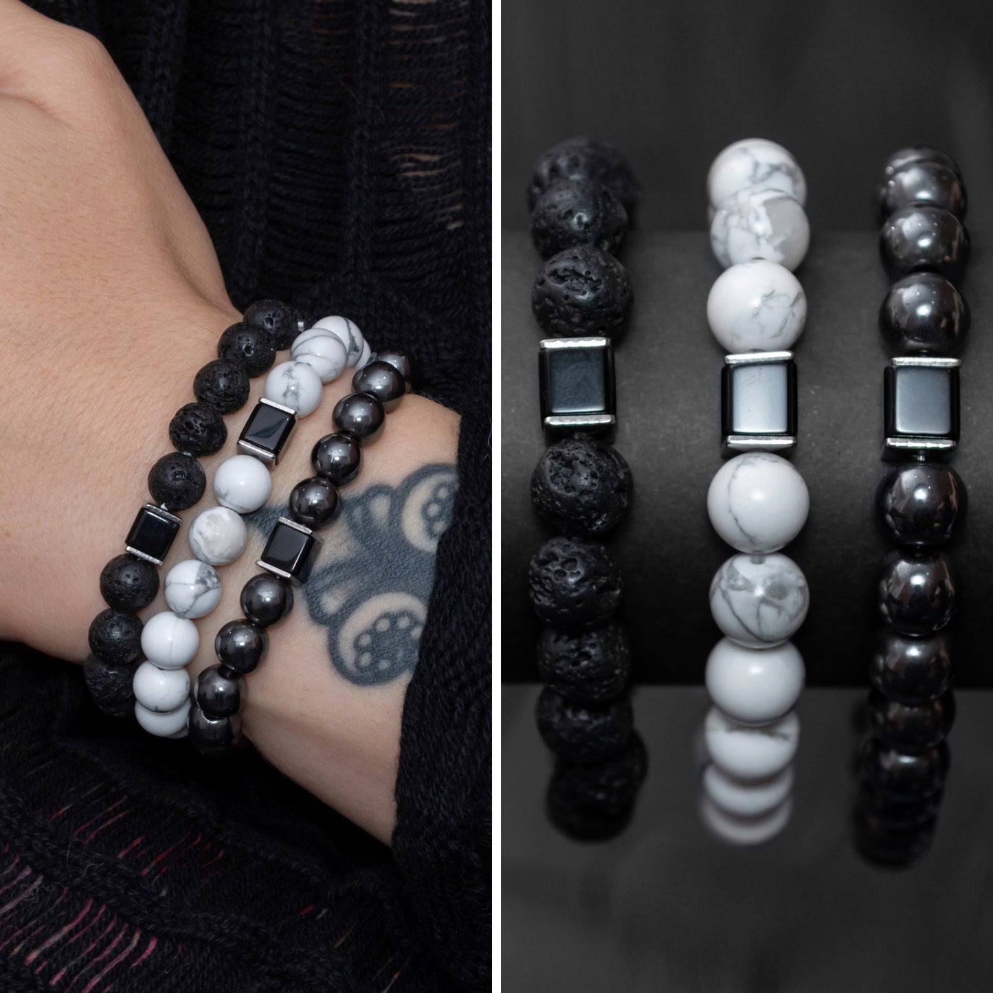 Lava Stone, Howlite, Hematite, and Black Onyx Cube Bracelet Set for Women