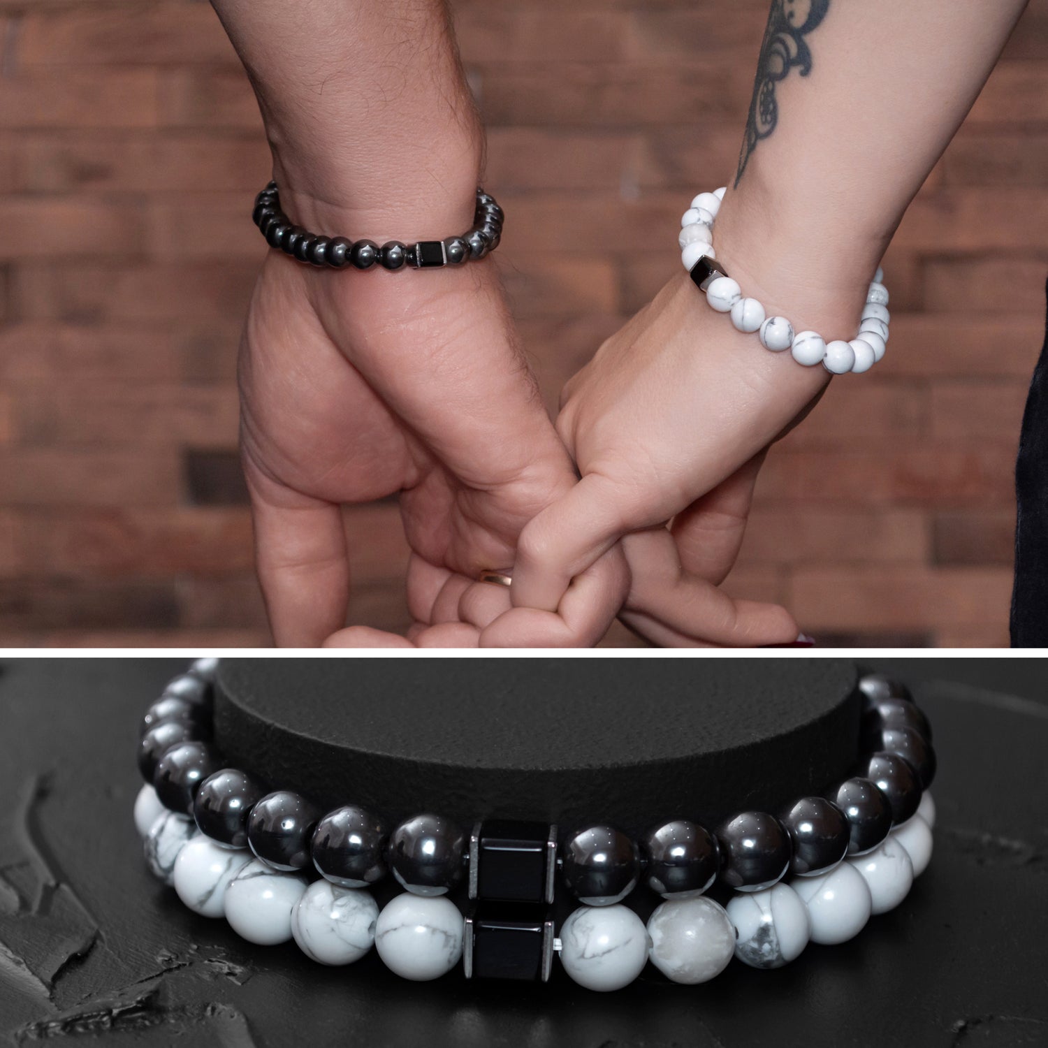 Couple's Bracelet Set: Howlite, Hematite, and Black Onyx - TitaniumFashion 