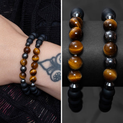 Black Agate, Hematite, and Goldenrod Tiger Eye Bracelet Set for Women