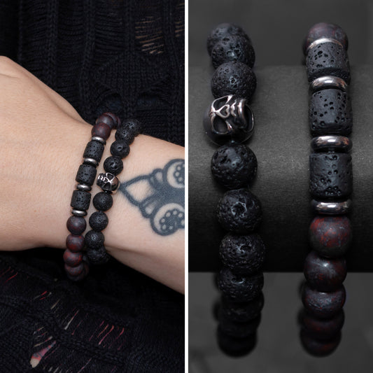 Lava Stone, Brecciated Jasper, and Stainless Steel Skull Bracelet Set for Women