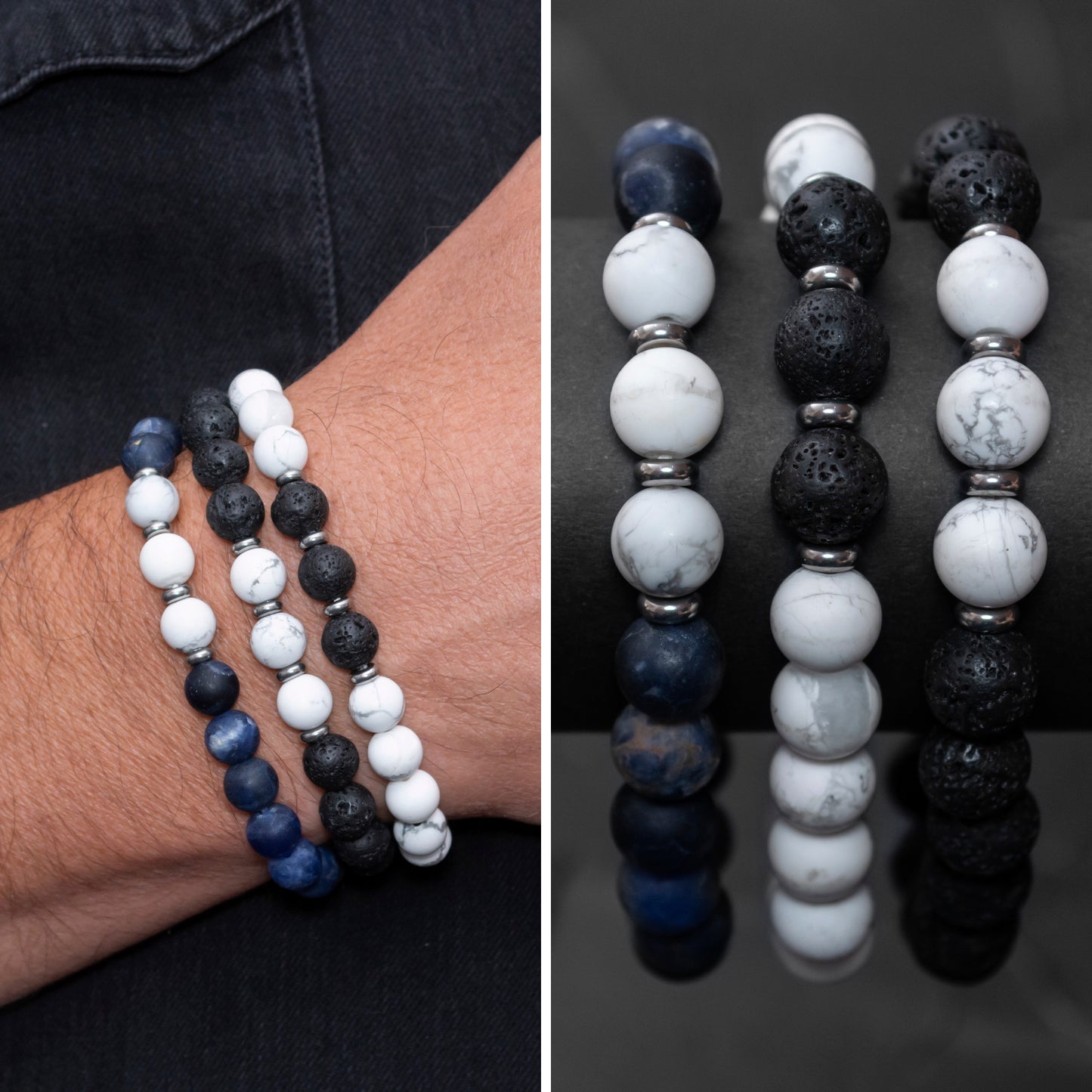 Trio Bracelet Set for Men: Lava Stone, Sodalite, and Howlite