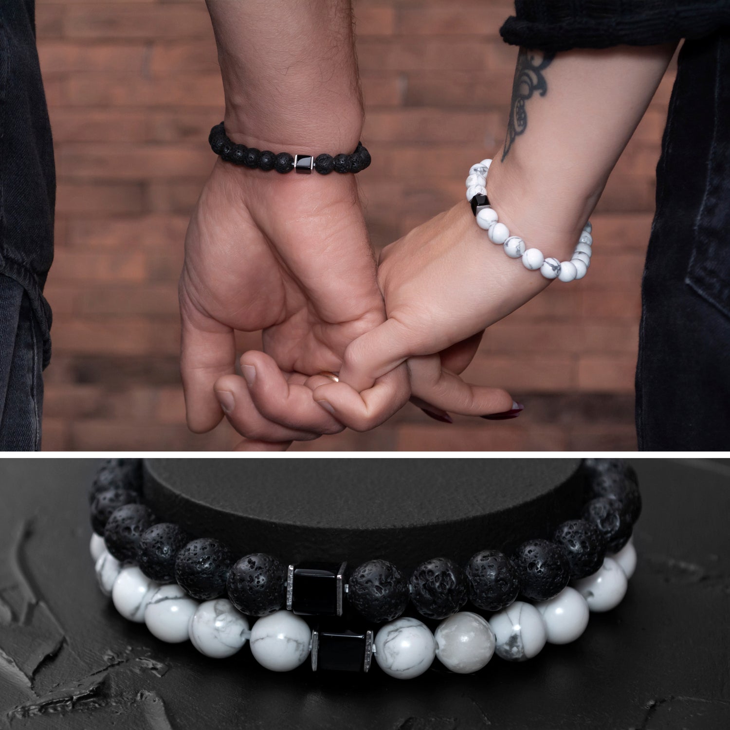 Couple's Bracelet Set: Lava Stone, Howlite, and Black Onyx - TitaniumFashion 