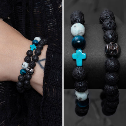 Lava Stone, Blue Tiger Eye, Turquoise Cross, and Stainless Steel Skull Bracelet Set for Women