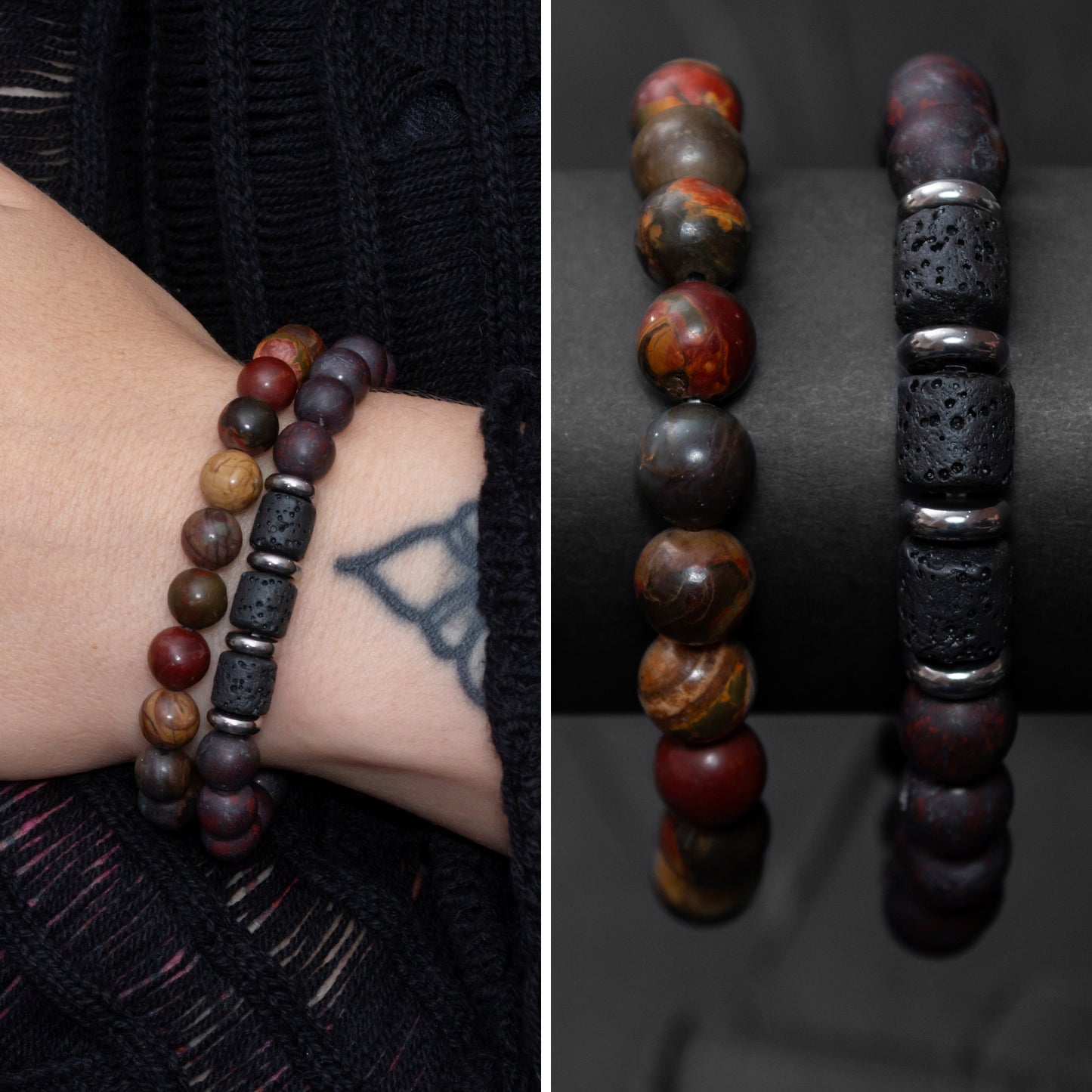 Brecciated Jasper, Lava Rock, and Polychrome Jasper Bracelet Set for Women