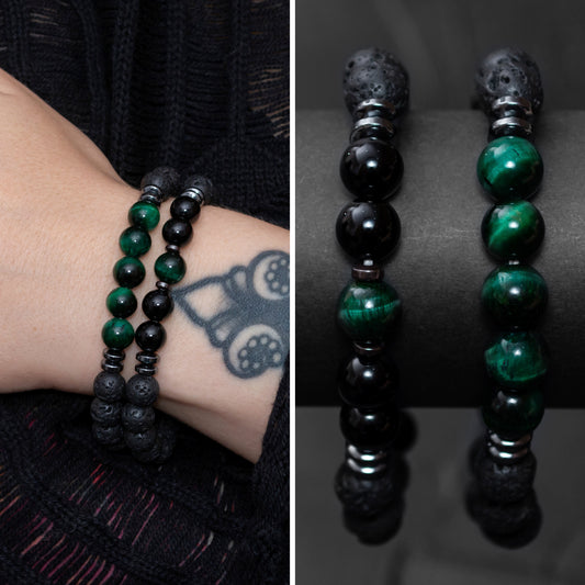 Lava Stone, Hematite, and Green Tiger Eye Bracelet Set for Women