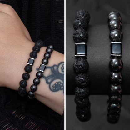 Lava Stone, Hematite, and Black Onyx Cube Bracelet Set for Women