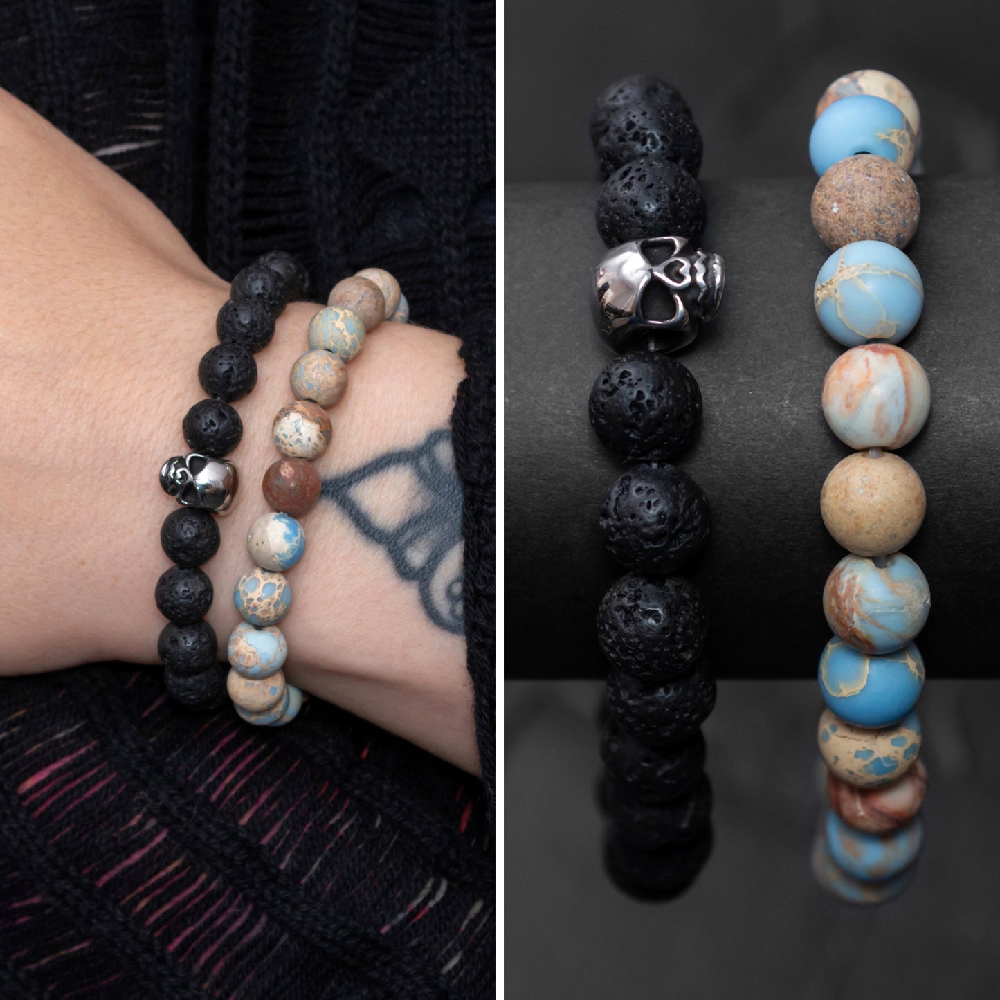 Lava Stone and Imperial Jasper Bracelet Set with Stainless Steel Skull