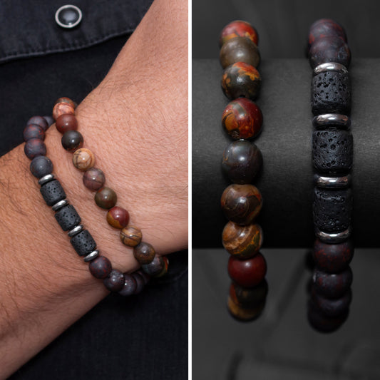 Brecciated Jasper, Lava Rock, and Polychrome Jasper Bracelet Set for Men