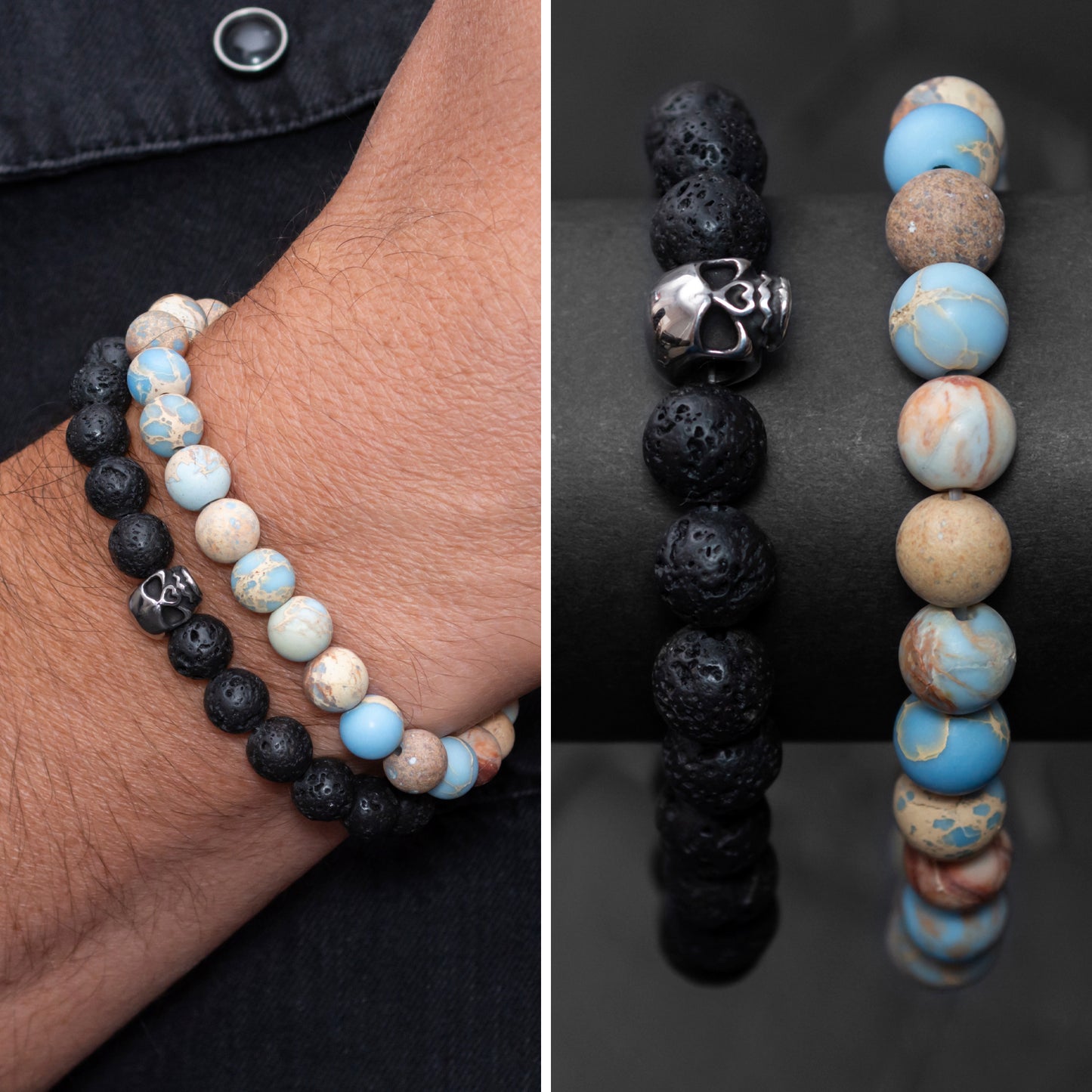 Lava Stone and Imperial Jasper Bracelet Set with Stainless Steel Skull