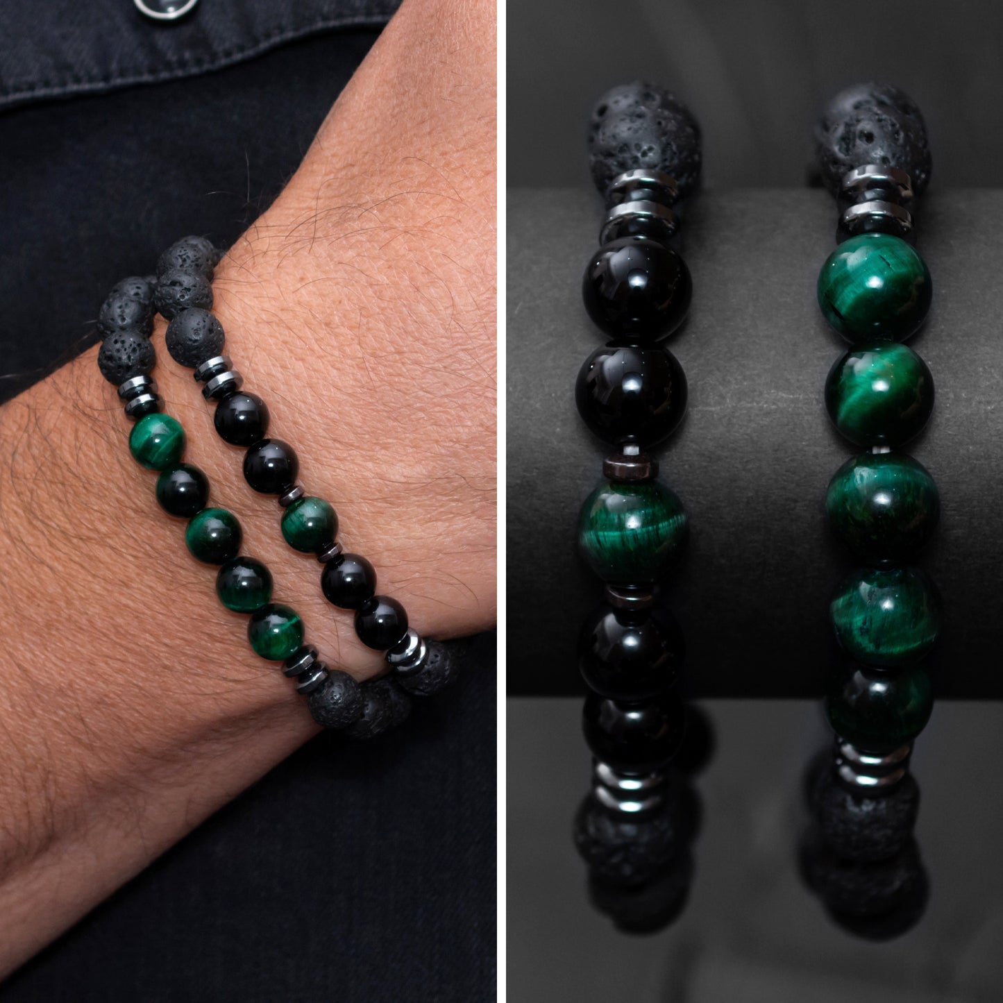 Lava Stone, Hematite, and Green Tiger Eye Bracelet Set for Men