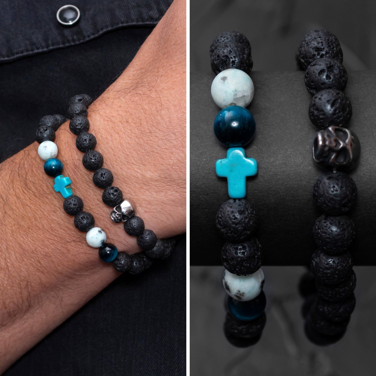 Lava Stone, Blue Tiger Eye, Turquoise Cross, and Stainless Steel Skull Bracelet Set for Men - TitaniumFashion 