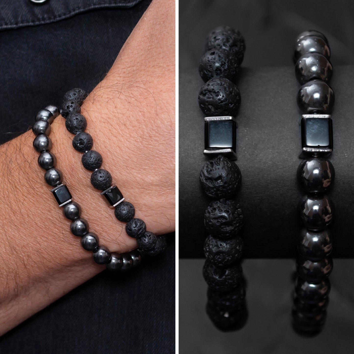 Lava Stone, Hematite, and Black Onyx Cube Bracelet Set for Men