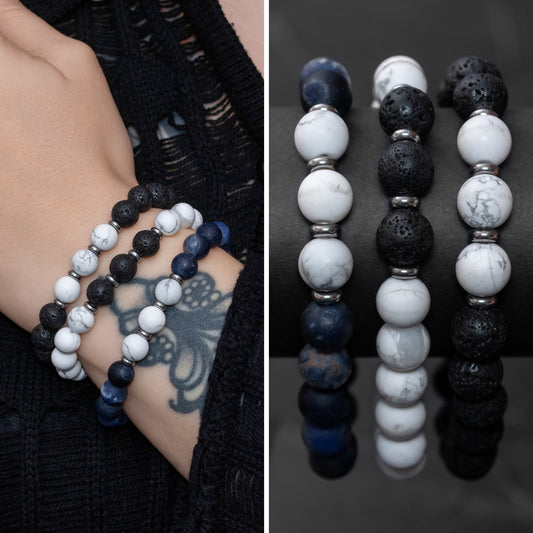 Trio Bracelet Set for Women: Lava Stone, Sodalite, and Howlite