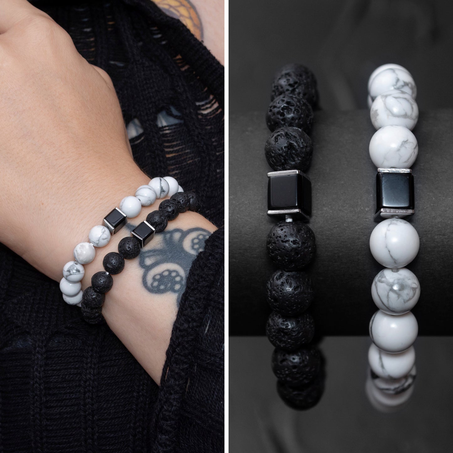 Lava Stone, Howlite, and Black Onyx Cube Bracelet Set for Women