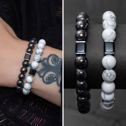 Howlite, Hematite, and Black Onyx Cube Bracelet Set for Women