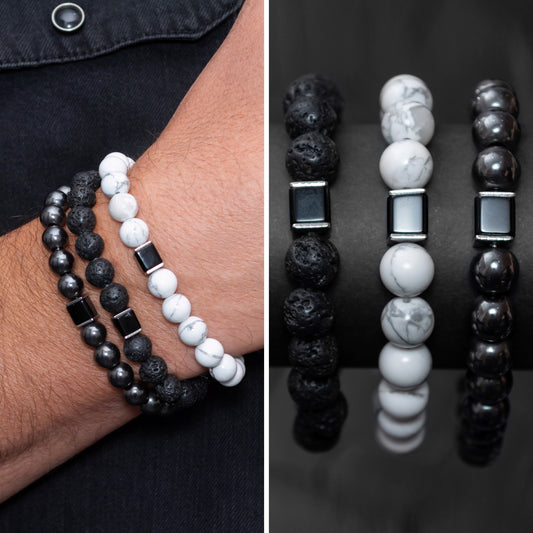 Lava Stone, Howlite, Hematite, and Black Onyx Cube Bracelet Set for Men