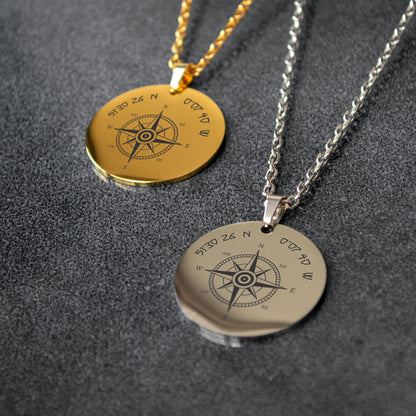 Personalized Coordinates Pendant – Engraved Compass Necklace