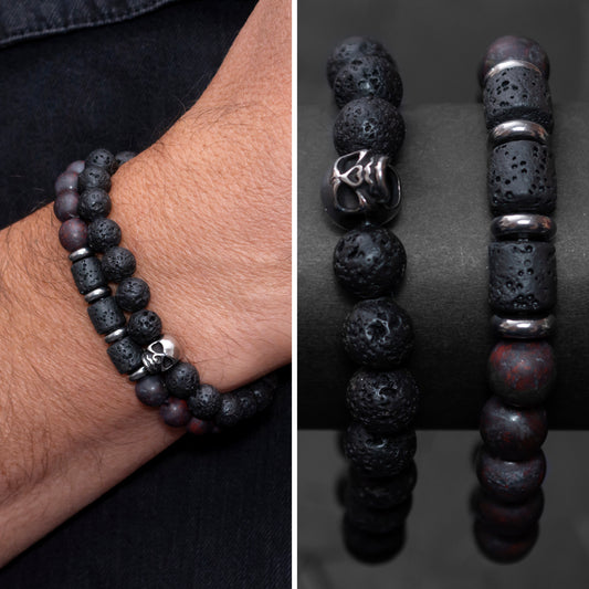 Lava Stone, Brecciated Jasper, and Stainless Steel Skull Bracelet Set for Men