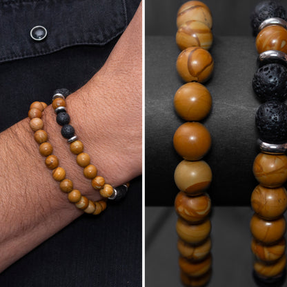 Lava Stone and Wood Lace Stone Bracelet Set for Men