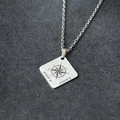 Compass Pendant Necklace – Custom Engraved Coordinates