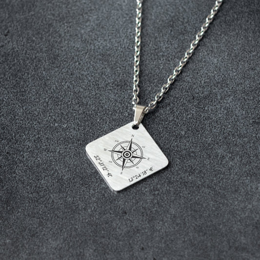 Compass Pendant Necklace – Custom Engraved Coordinates
