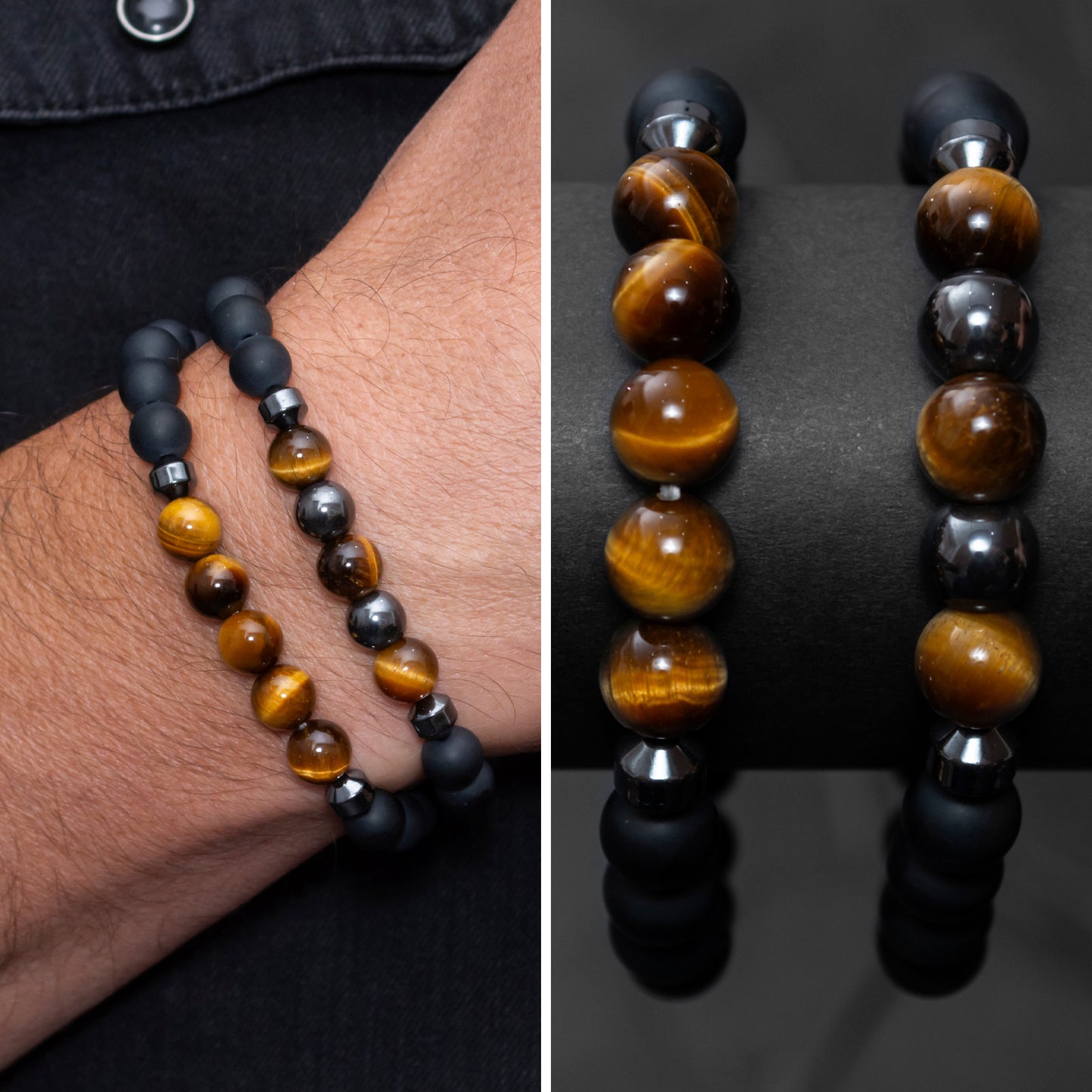 Black Agate, Hematite, and Goldenrod Tiger Eye Bracelet Set for Men