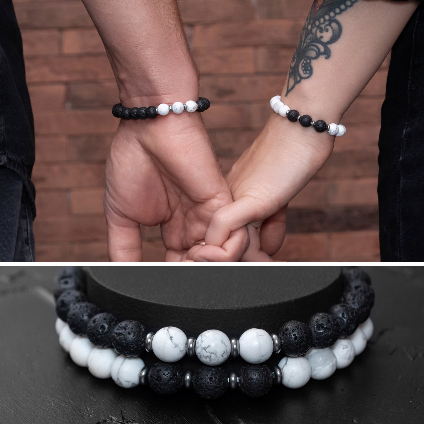 Matching Lava Stone and Howlite Couple's Bracelet Set