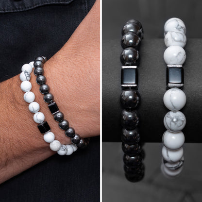 Howlite, Hematite, and Black Onyx Cube Bracelet Set for Men