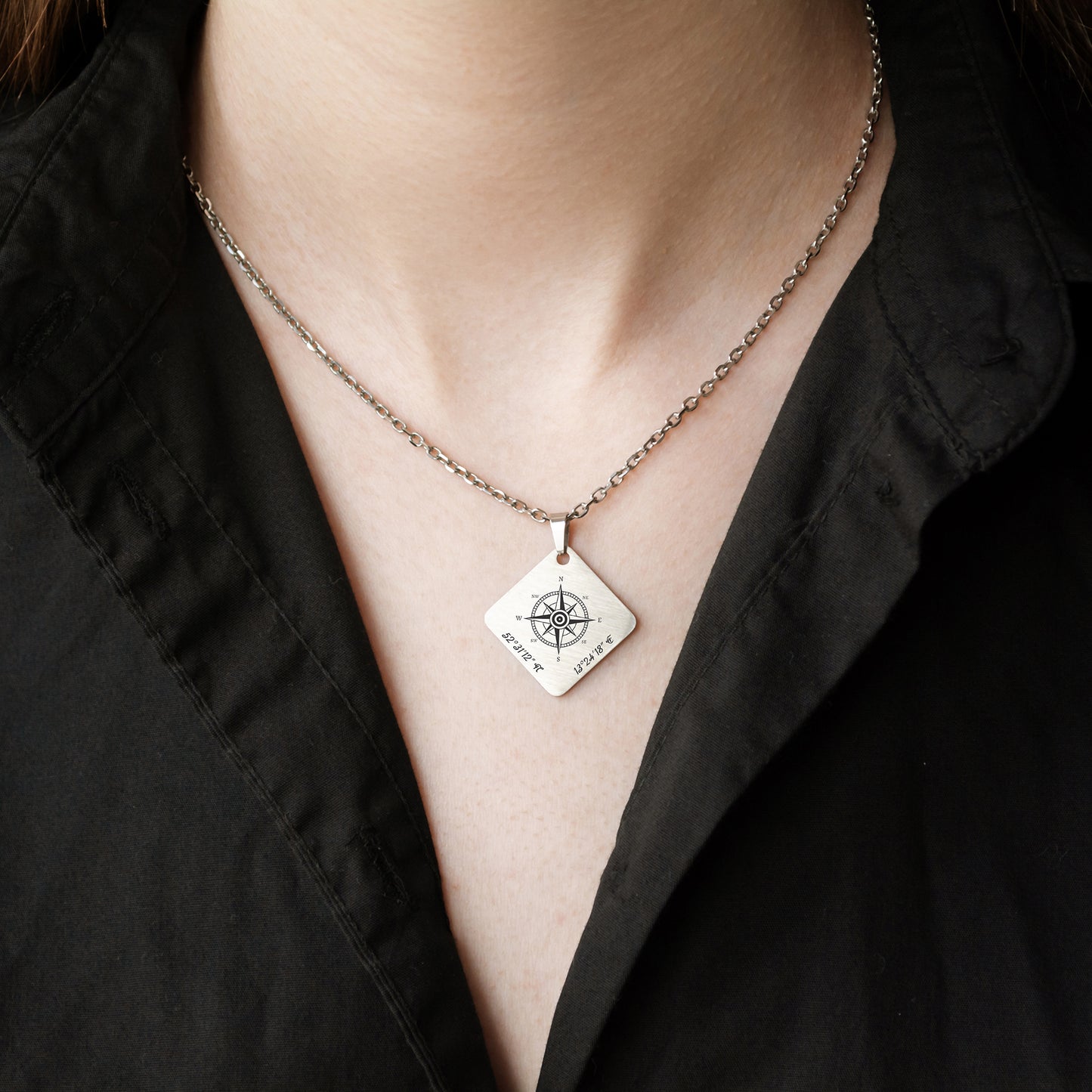 Compass Pendant Necklace – Custom Engraved Coordinates