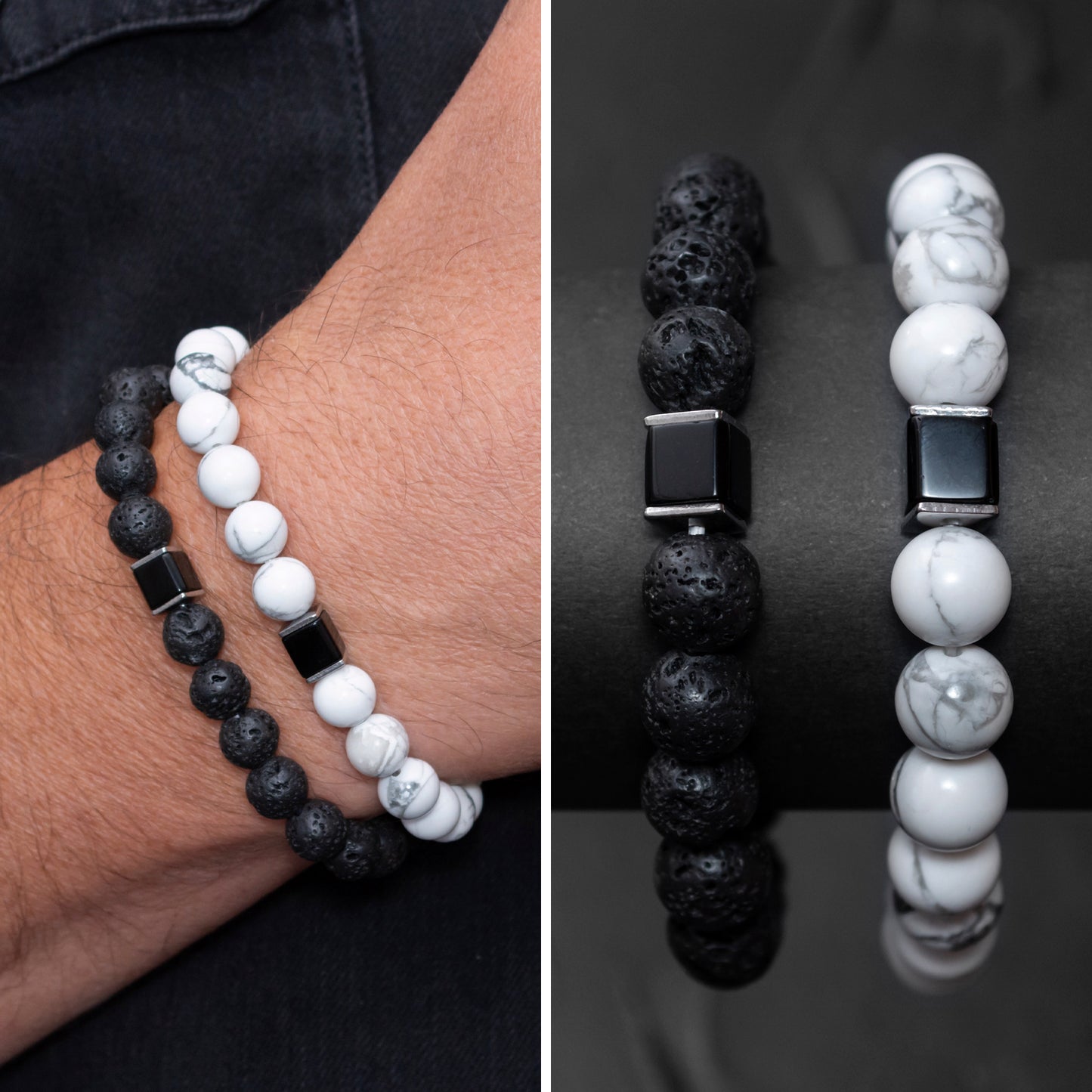 Lava Stone, Howlite, and Black Onyx Cube Bracelet Set for Men