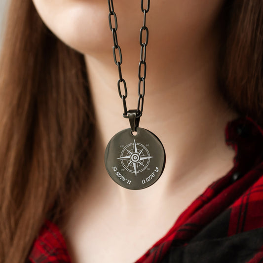 Compass Necklace – Custom Engraved Coordinates Pendant