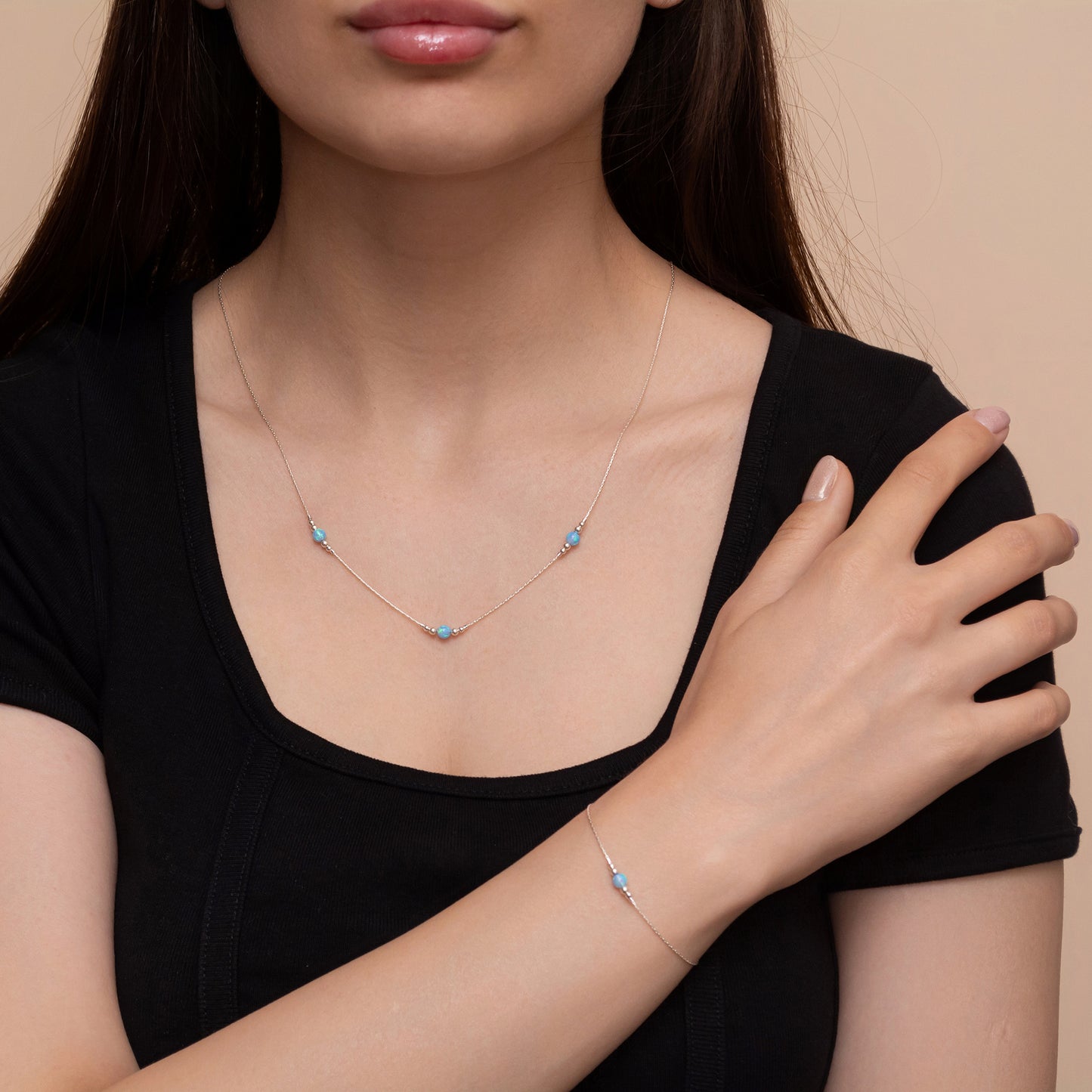 Elegant Silver or Gold-Filled Necklace and Bracelet Set with Delicate Opal Beads