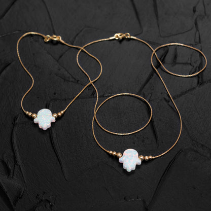 Elegant Opal Hamsa Necklace and Bracelet Set - Customizable in Silver or Gold-Filled