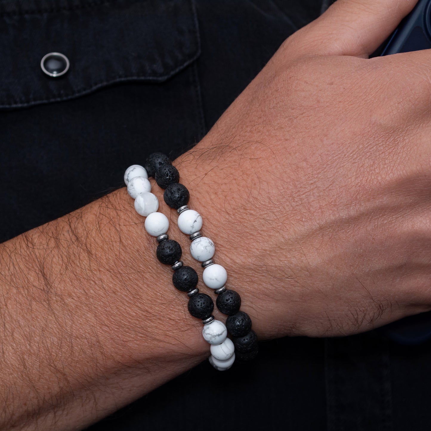 Lava Stone and Howlite Beaded Bracelet Set for Men