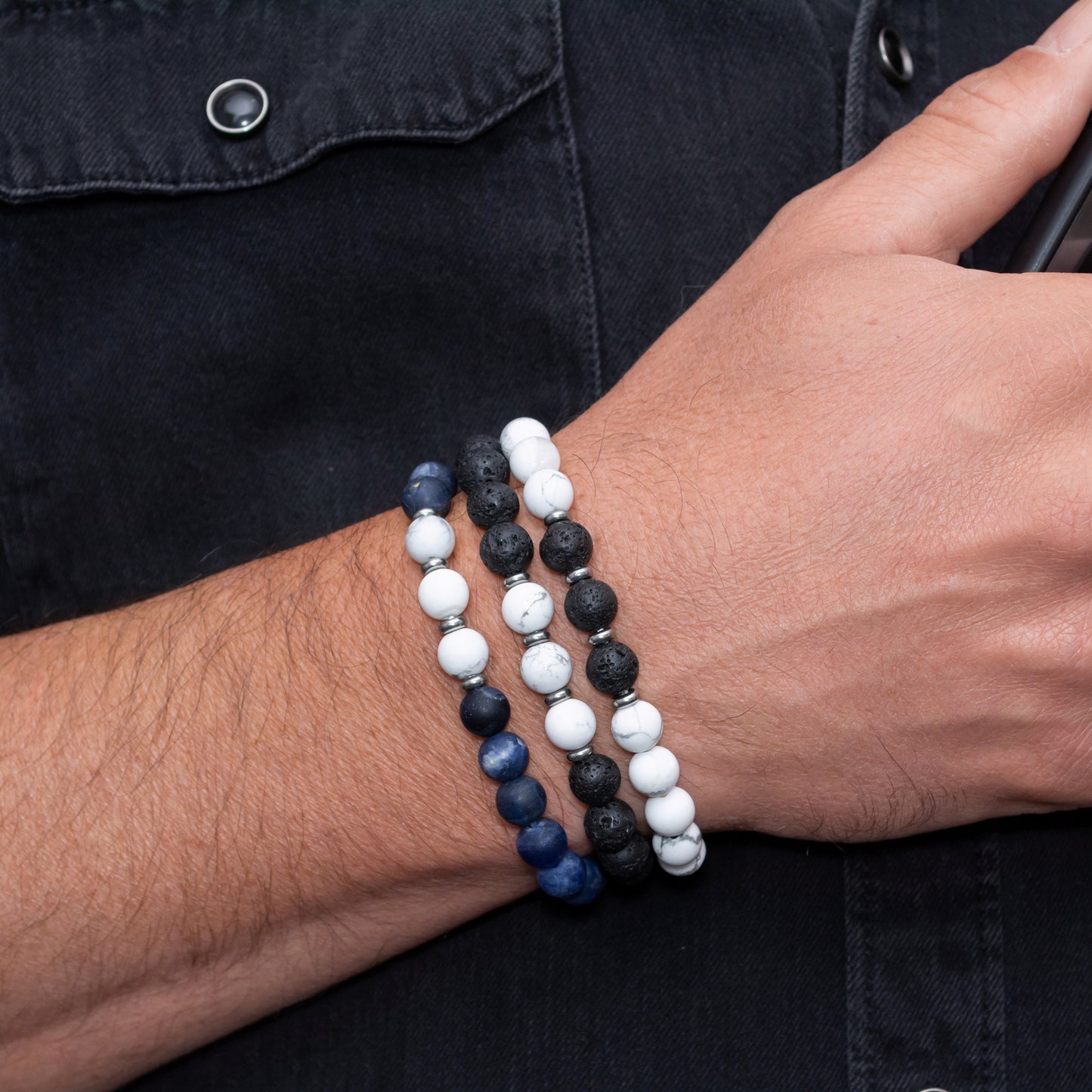 Trio Bracelet Set for Men: Lava Stone, Sodalite, and Howlite