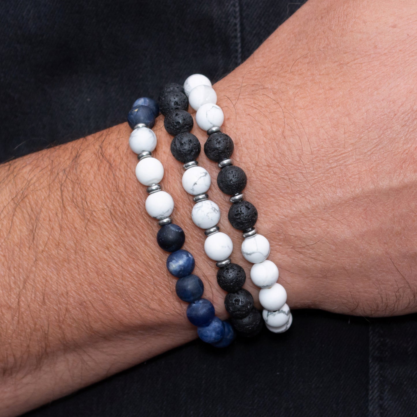 Trio Bracelet Set for Men: Lava Stone, Sodalite, and Howlite