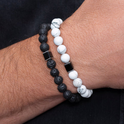 Lava Stone, Howlite, and Black Onyx Cube Bracelet Set for Men