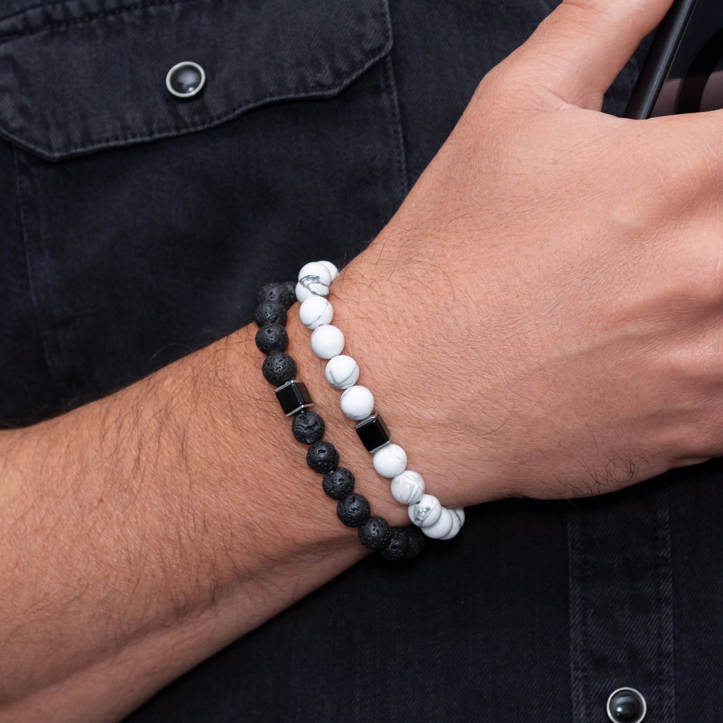 Lava Stone, Howlite, and Black Onyx Cube Bracelet Set for Men