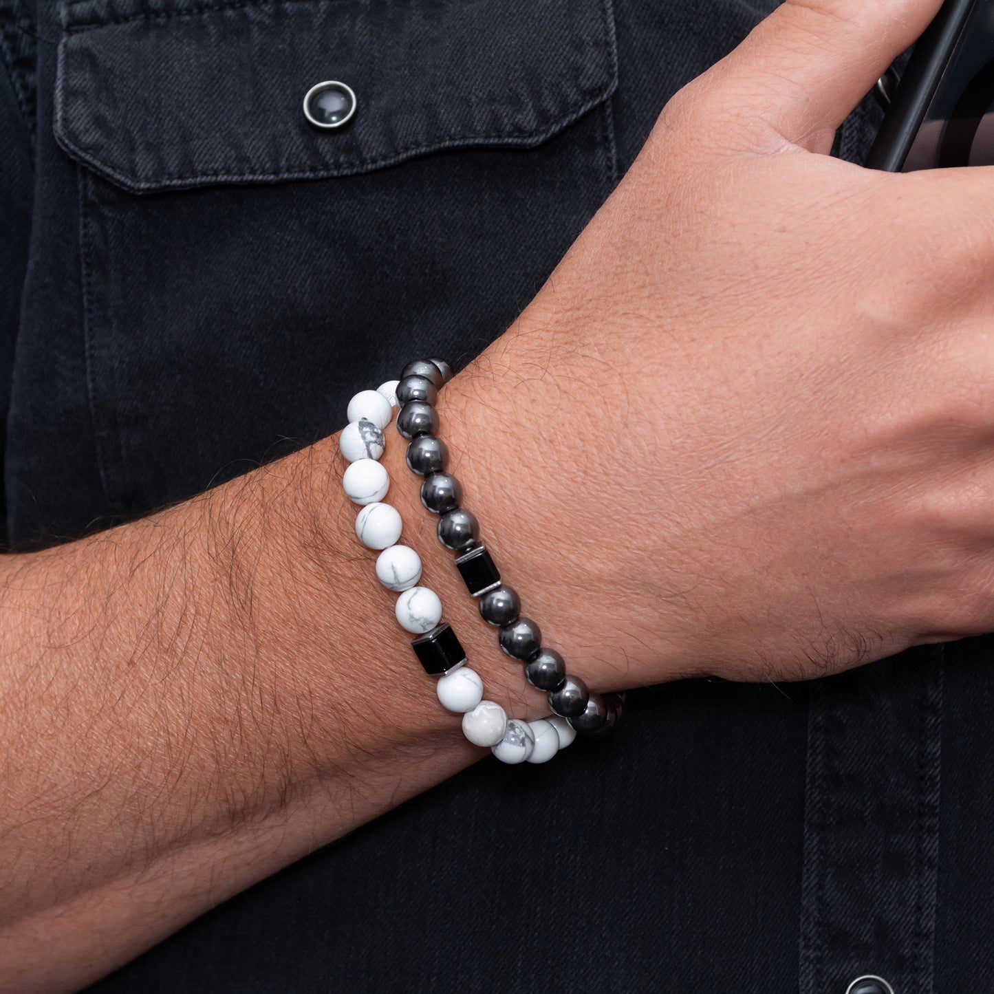 Howlite, Hematite, and Black Onyx Cube Bracelet Set for Men