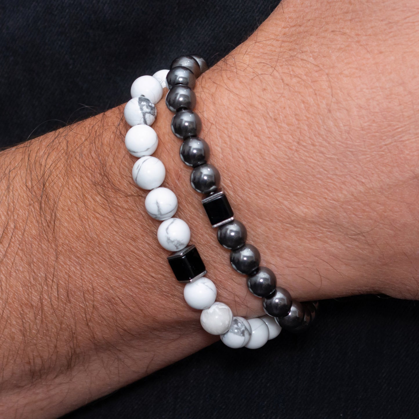 Howlite, Hematite, and Black Onyx Cube Bracelet Set for Men