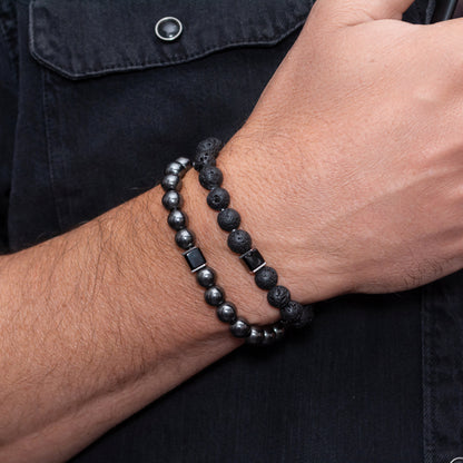 Lava Stone, Hematite, and Black Onyx Cube Bracelet Set for Men