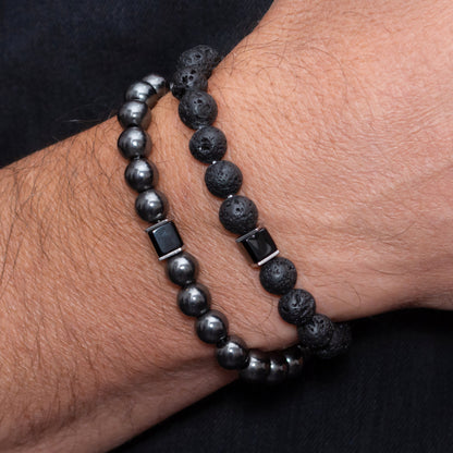 Lava Stone, Hematite, and Black Onyx Cube Bracelet Set for Men