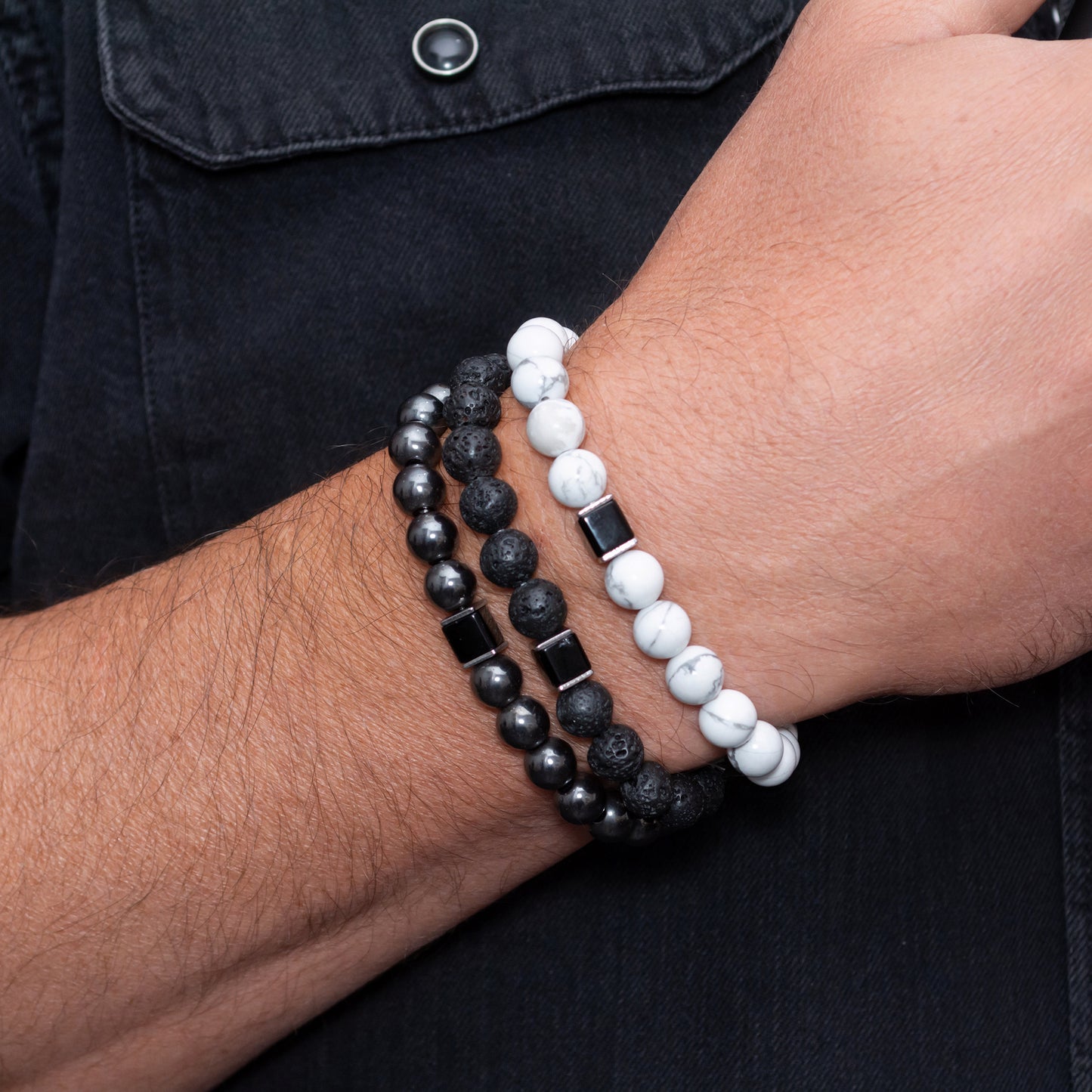 Lava Stone, Howlite, Hematite, and Black Onyx Cube Bracelet Set for Men