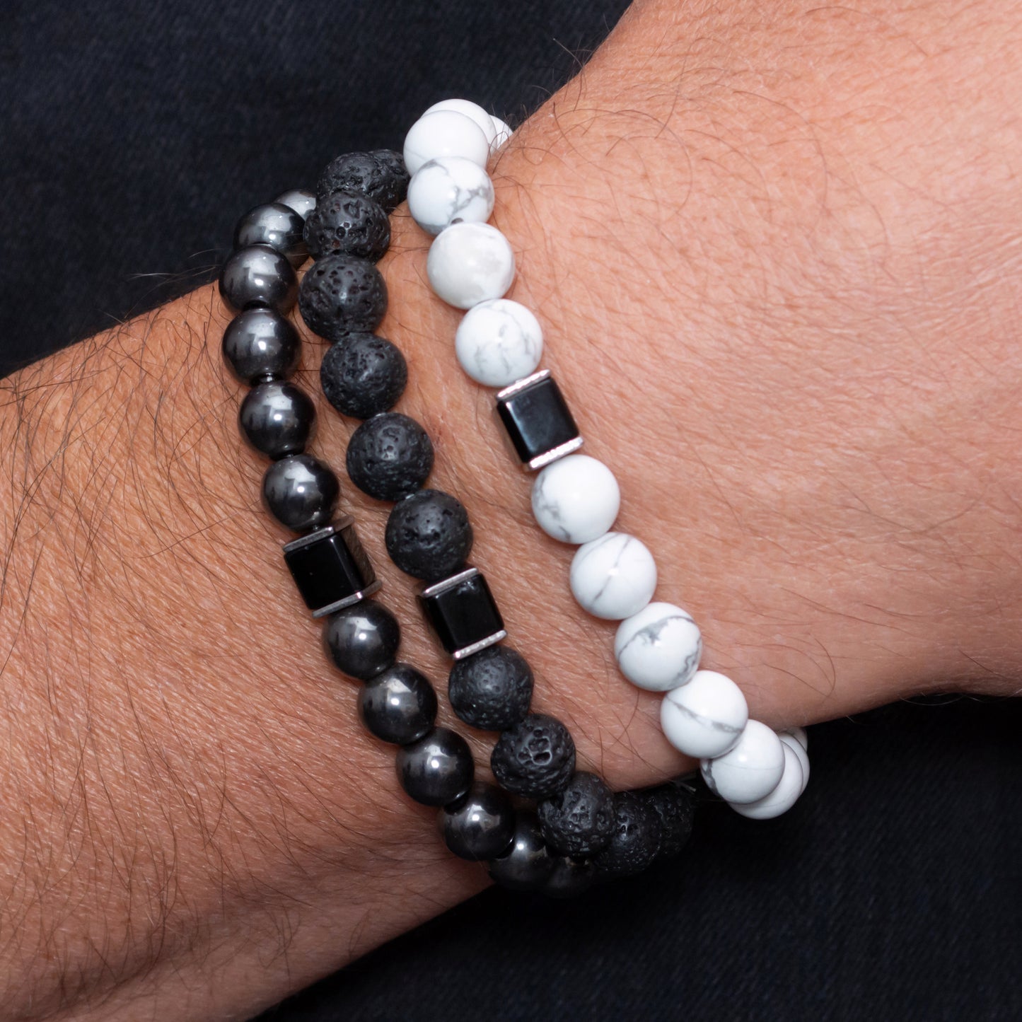 Lava Stone, Howlite, Hematite, and Black Onyx Cube Bracelet Set for Men