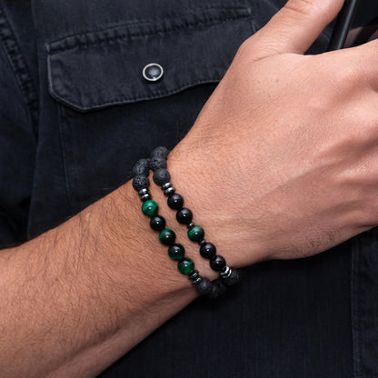 Lava Stone, Hematite, and Green Tiger Eye Bracelet Set for Men