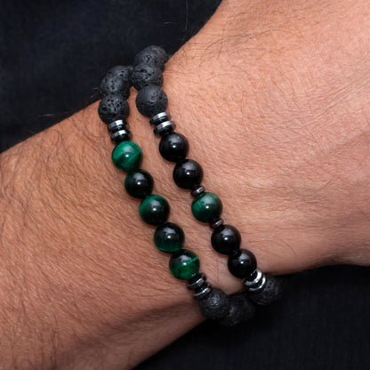 Lava Stone, Hematite, and Green Tiger Eye Bracelet Set for Men