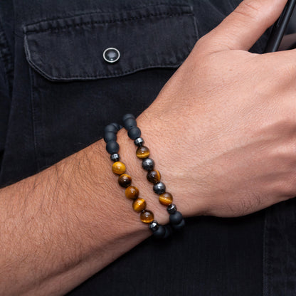 Black Agate, Hematite, and Goldenrod Tiger Eye Bracelet Set for Men