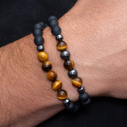 Black Agate, Hematite, and Goldenrod Tiger Eye Bracelet Set for Men